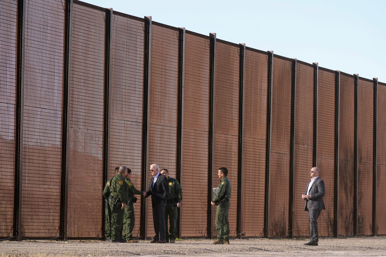 US President Joe Biden greets Border Patrol agents near the Mexican border in El Paso, Texas, on Sunday, January 8. He was making <a href=